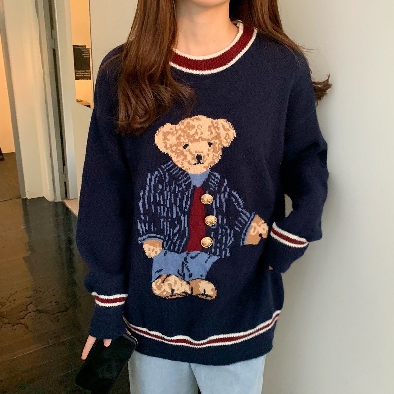 ÁO LEN CỔ TRÒN DÁNG DÀI HOẠ TIẾT CON GẤU DÀNH CHO NỮ