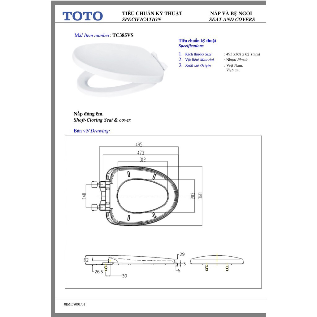 Nắp Êm Bồn Cầu TOTO TC385VS, Bảo Hành Chính Hãng 02 năm