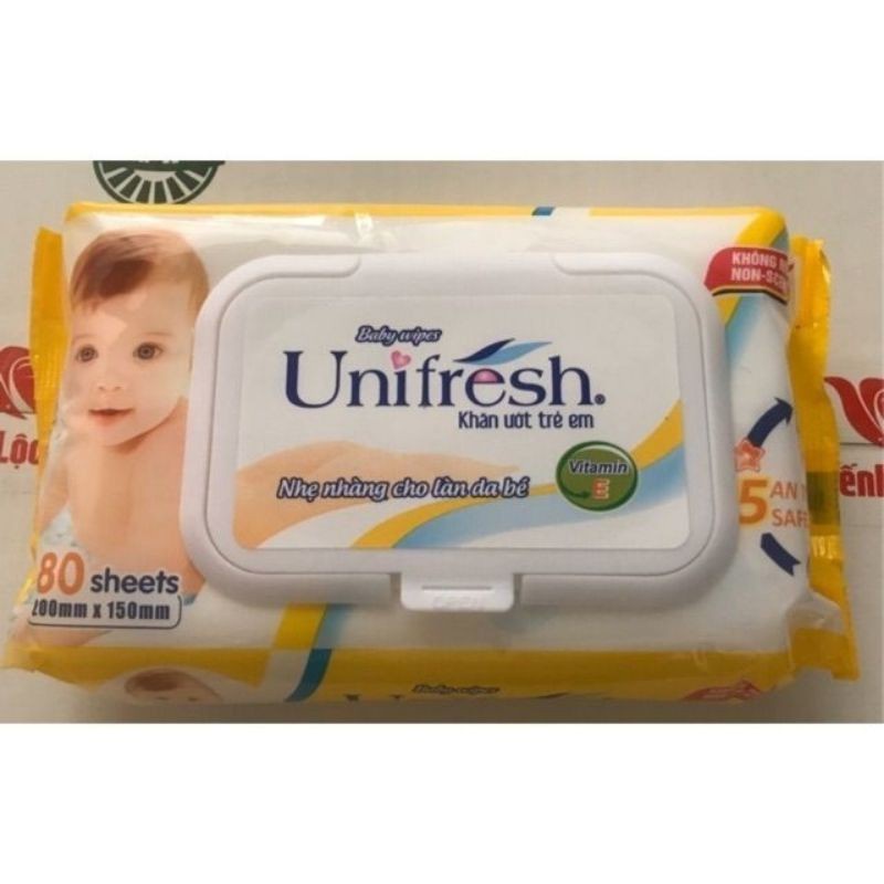 Combo 3 Khăn Ướt Trẻ Em Unifresh Vitamin E Không Mùi An Toàn Cho Da Em Bé