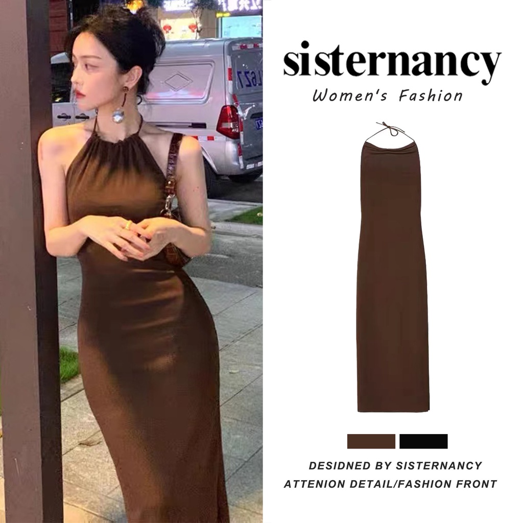 Đầm ôm dáng COZOKC cổ yếm hở lưng phong cách Hong Kong cổ điển quyến rũ