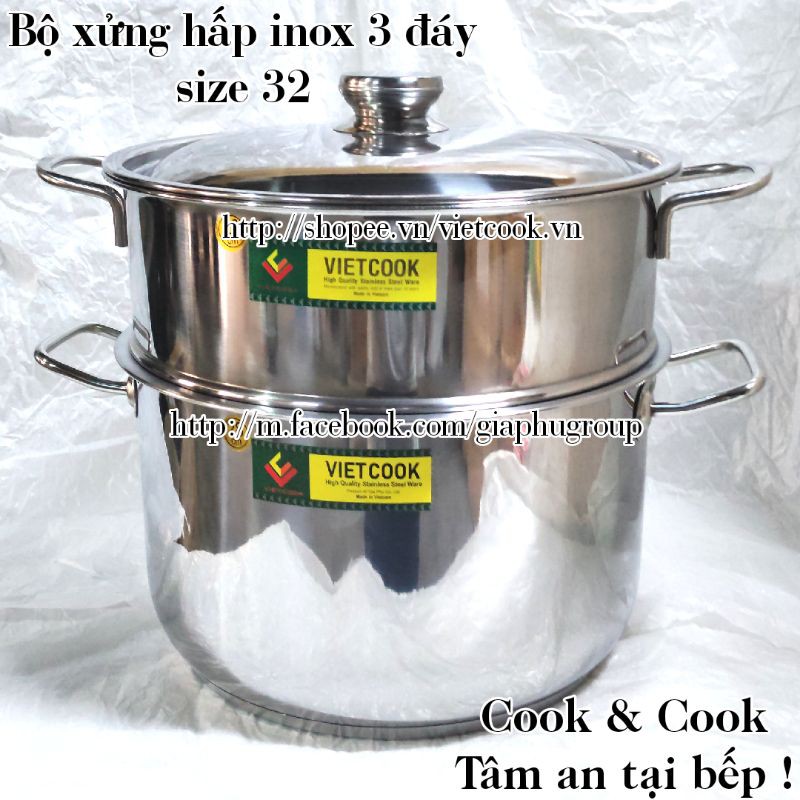 [CHÍNH HÃNG] Bộ xửng hấp inox size 32 cm Vietcook (nồi 15 lít) đáy từ, Chõ hấp, đồ xôi inox 6 đến 8 kg gạo