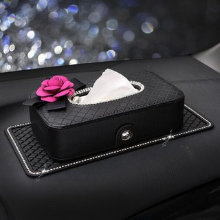 Hộp đựng khăn giấy trên ô tô đính đá gắn hoa Chanel cao cấp (gồm tấm lót)