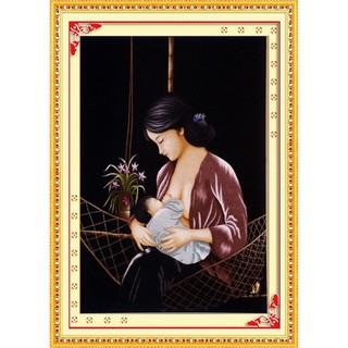 tranh thêu chữ thập mẹ cồng con tình mẫu tử kt 55x76cm