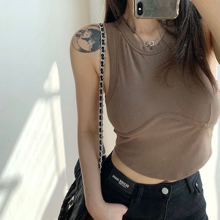 Áo croptop Xiaozhainv sát nách cổ tròn ôm dáng phong cách Hàn Quốc quyến rũ cho nữ