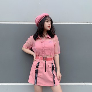 Áo lưới cổ sơ mi màu hồng