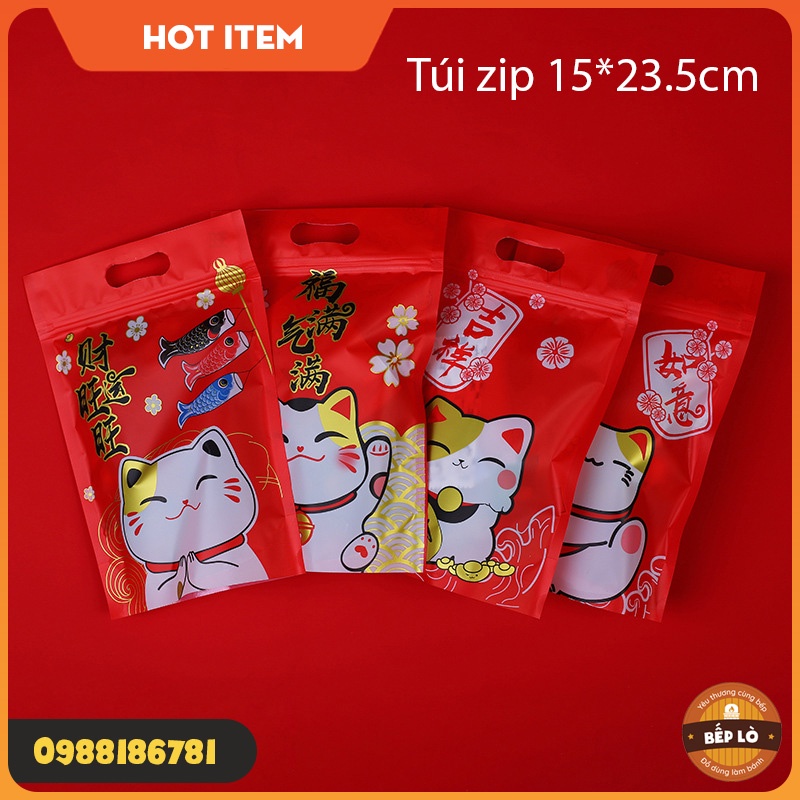 Túi Zip Tết - Túi Kẹo Nougat Tết - Túi Bánh Quy Tết -Túi Dây Rút Mèo May Mắn - Túi Đựng Bánh Kẹo