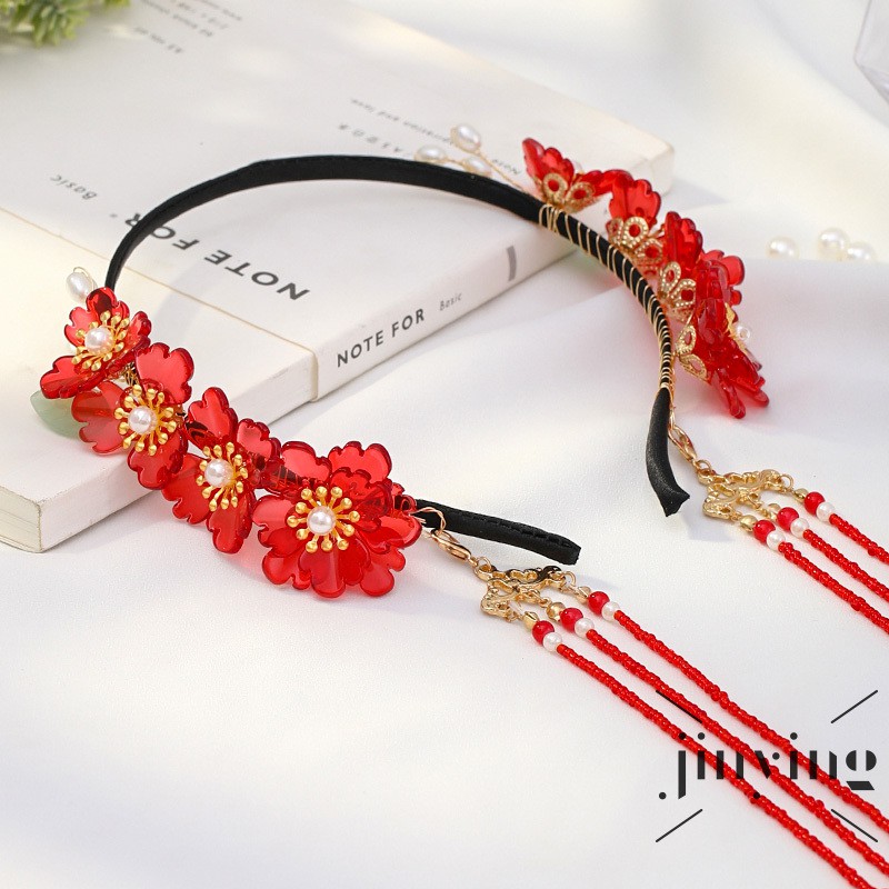 GETNOIVAS ❤S Wind Chinese Style Red Flowers Shape Hair Band Handmade Antique Hanfu Long Tassel Pendant Hanfu Retro Hair Decoration