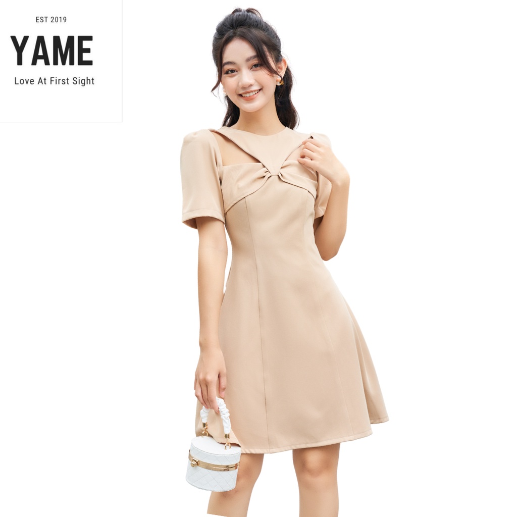 Váy chữ A công sở cách điệu cổ màu nâu Light Brown YAME