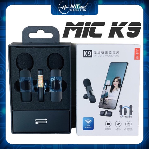 Micro cài áo không dây K9 khử tiếng ồn quay video vlog review sản phẩm livestream tiktok kết nối ai phôn 2 micro
