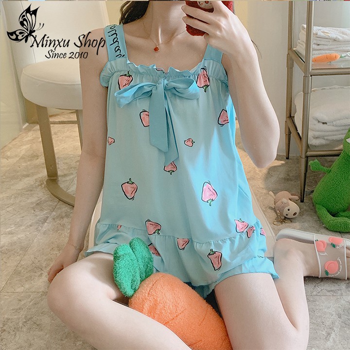 Bộ ngủ bộ mặc nhà 2 dây cổ vuông, có thắt nơ dễ tương cho bạn nữ (Mã YN)