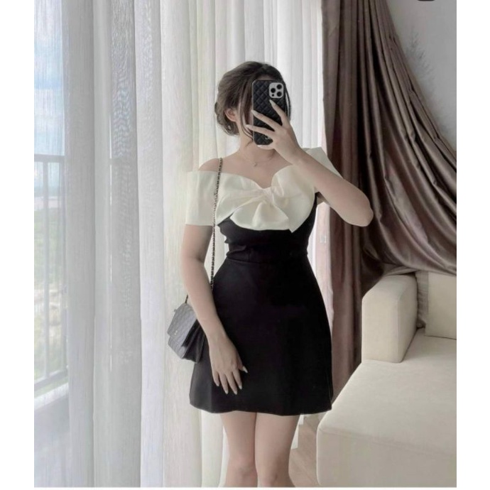 ĐẦM ĐEN BẸT VAI VIỀN NUDE NƠ NGỰC FORM NGẮN