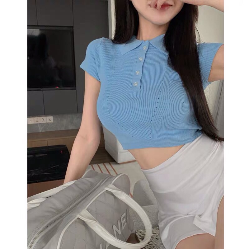 áo len dệt kim tay ngắn cổ bẻ mix khuy cài sexy (88069#)
