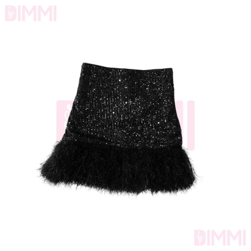 Set Áo Lông Và Chân Váy Sequin Viền Lông
