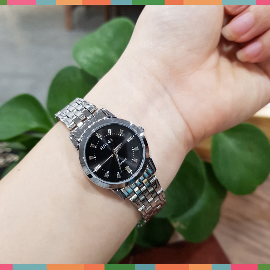 Đồng hồ đôi nam nữ Halei mặt trắng dây da kim loại chính hãng TonyWatch68