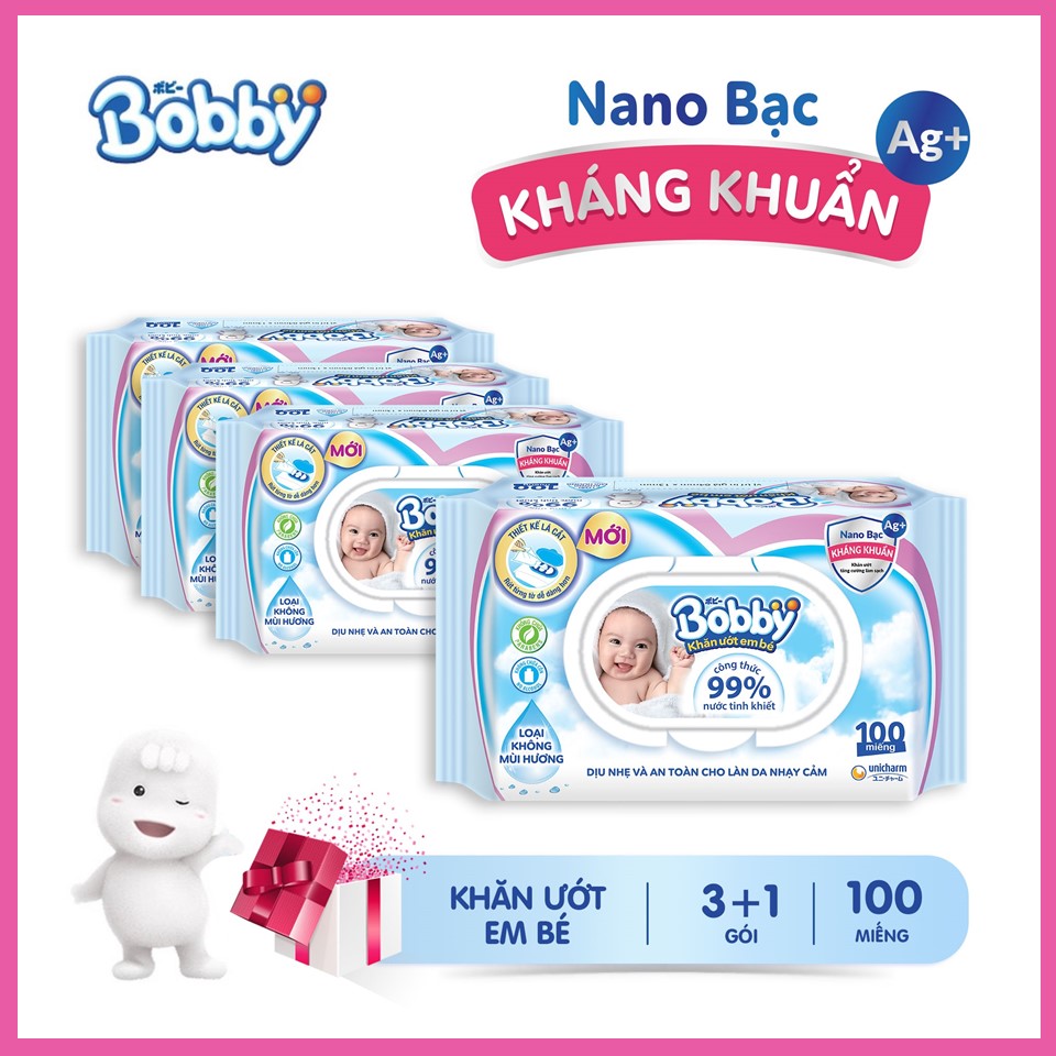 Combo 3 gói khăn giấy ướt Bobby Baby Care Nano bạc không mùi 100 miếng/bịchX3 (3 Tặng 1)