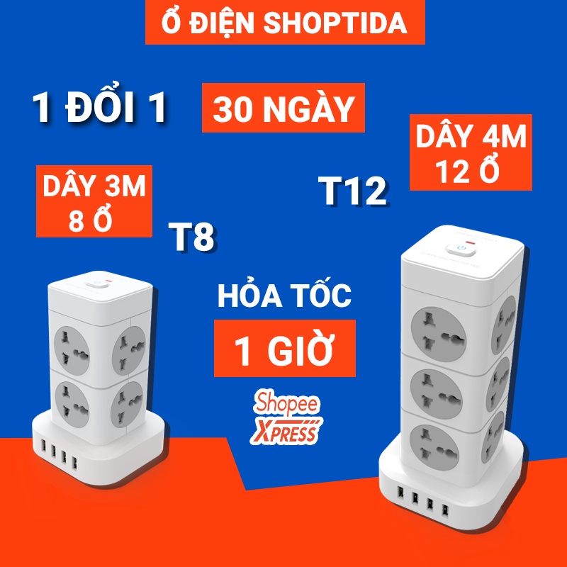 ♤♂Ổ Cắm Điện Đa Năng SHOPTIDA Hình Tháp Nhiều Tầng T8/ T12 Chịu Tải 3600W, An Toàn Chống Cháy Giật, Dây Dài 3 và 4m