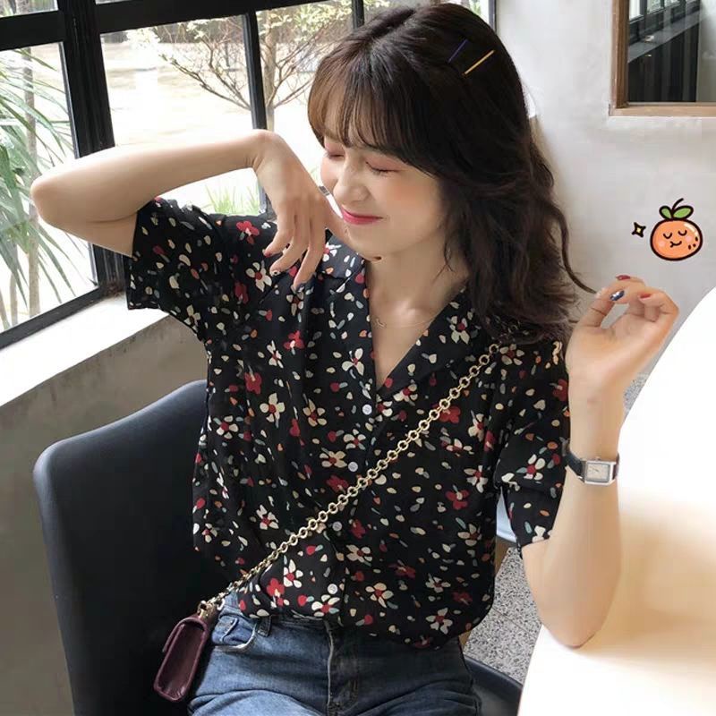 Áo sơ mi voan tay ngắn in họa tiết 3D Retro