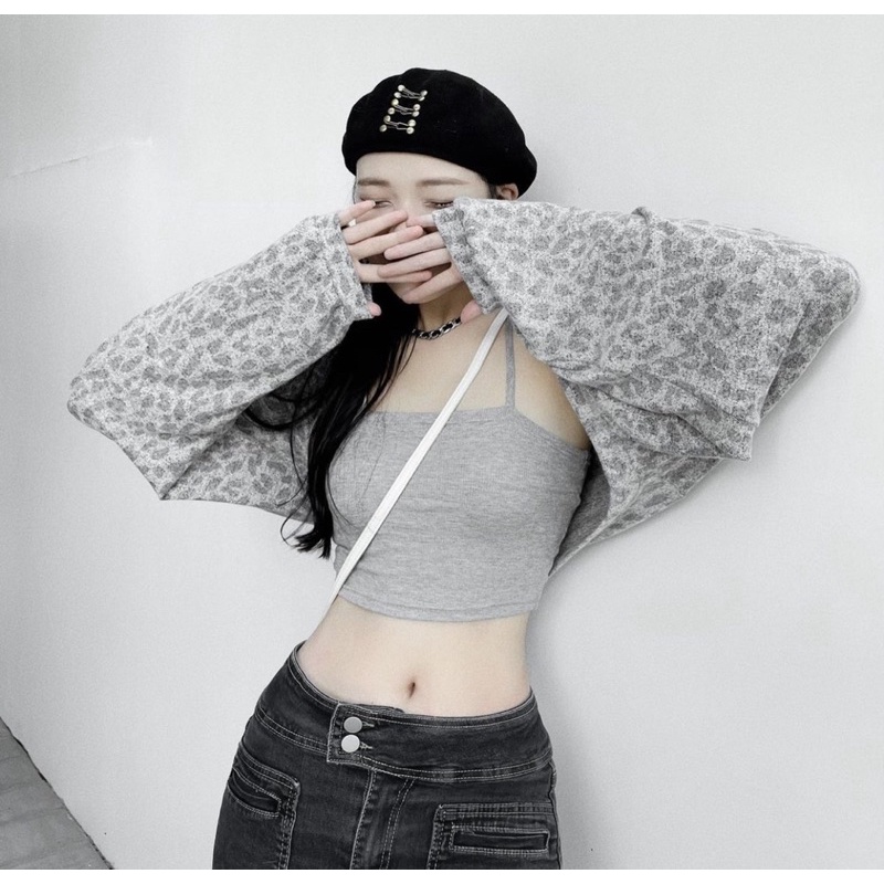 Set áo 2 dây kèm khoác croptop đốm xám