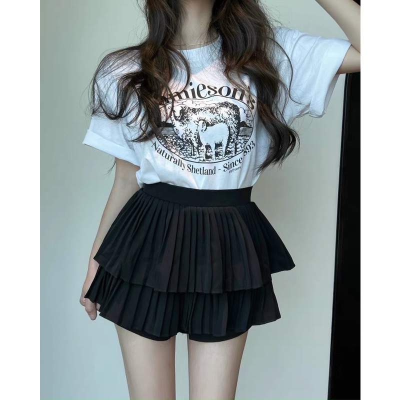 Chân váy xếp ly ngắn 2 tầng xòe kèm quần bên trong hàng Quảng Châu màu trắng đen nâu