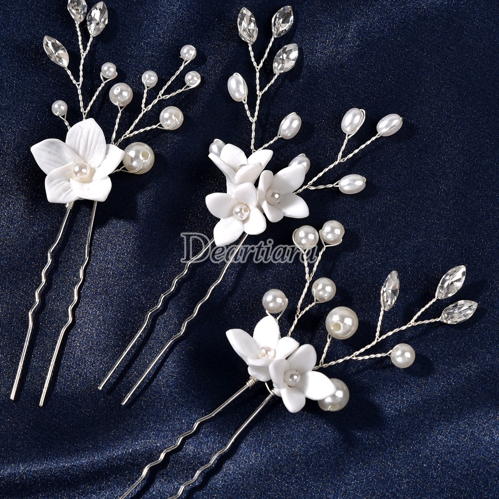 Set 3 Trâm Cài Tóc Chữ U Đính Hoa Trắng Thời Trang Cho Cô Dâu