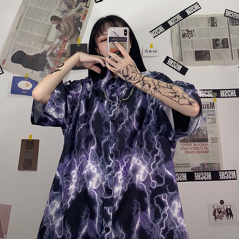 Áo Sơ Mi Tay Ngắn Dáng Rộng In Hình Tia Chớp Kiểu Harajuku Cá Tính Cho Nam | BigBuy360 - bigbuy360.vn