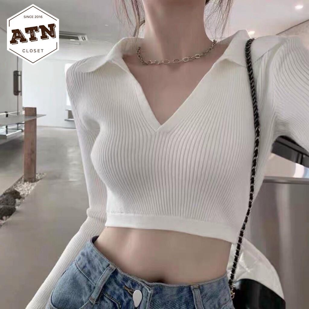 Áo Croptop Cổ V Tay Dài, Dáng Ôm Freesize 53kg, Chất Thun Gân Co Giản, Hàng Chuẩn