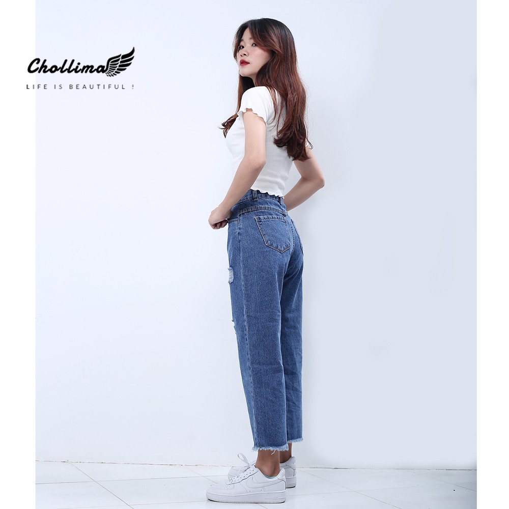 Quần baggy jeans nữ Chollima ống rộng tua lai rách màu xanh jean QD028 | BigBuy360 - bigbuy360.vn