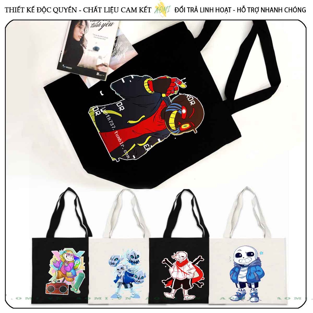 TOTE CANVAS Sans family TÚI VẢI ĐEO VAI BAG CÓ KHÓA KÉO SIZE LỚN 33x38cm AOMIVN DU LỊCH DẠO PHỐ