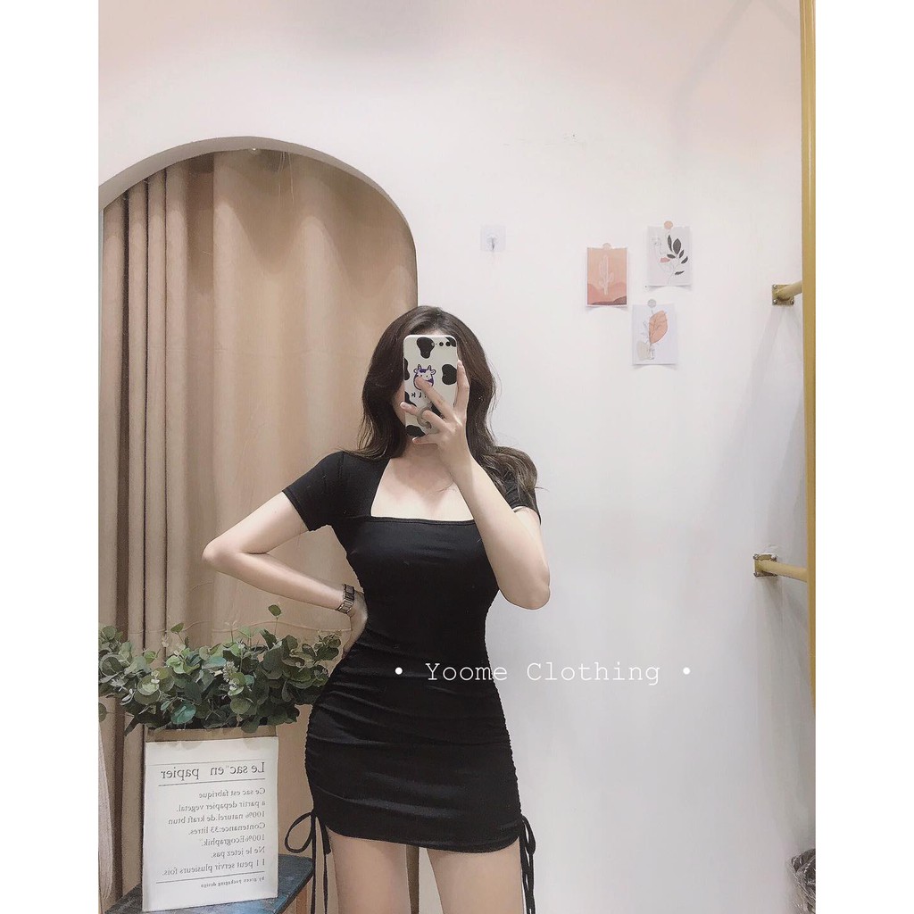 Váy body cổ vuông dây rút sườn tay cộc chất cottonzip co giãn cho nữ Yoomeclothing [ ẢNH THẬT SHOP CHỤP] | BigBuy360 - bigbuy360.vn