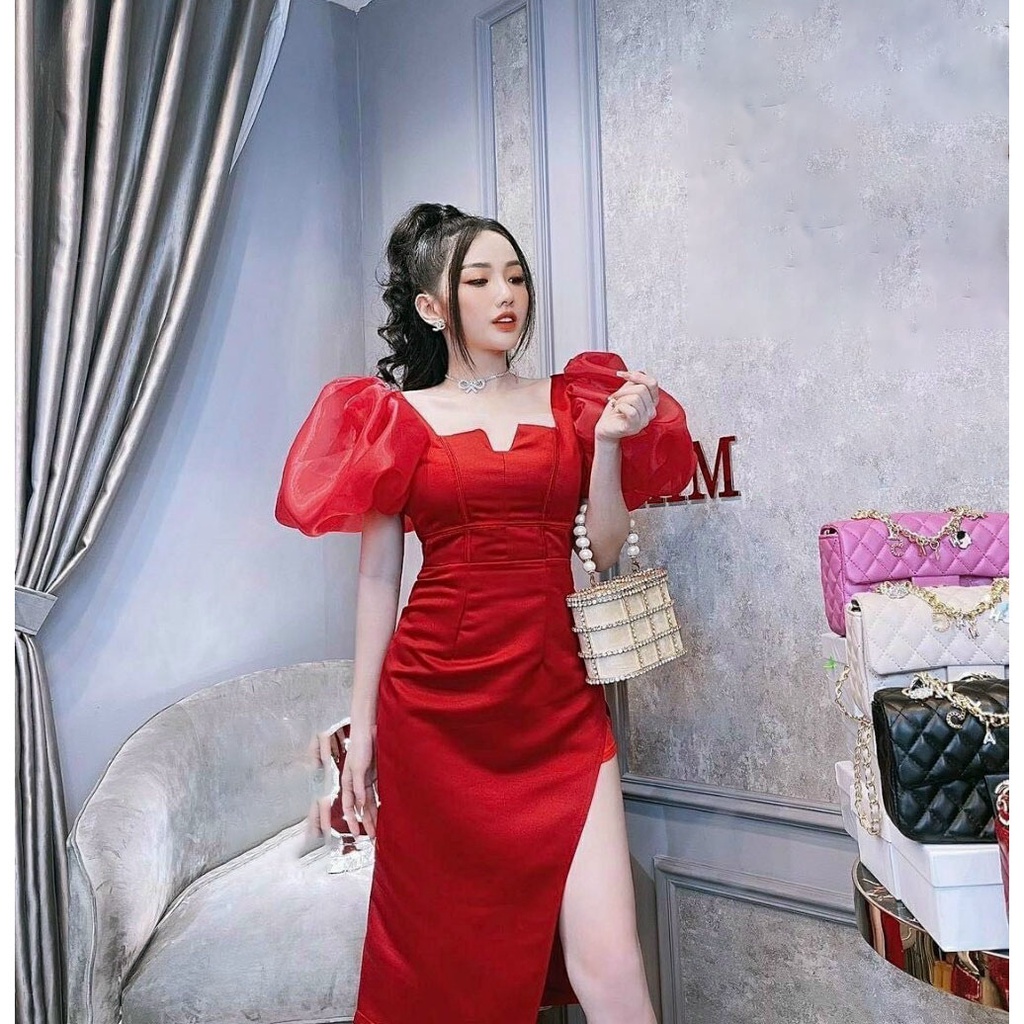 [HCM] Đầm Ôm Body Xẻ Tà Phồng Vai Cổ Vuông Cao Cấp Thời Trang Nữ Sam Closet Free Size 40-55kg