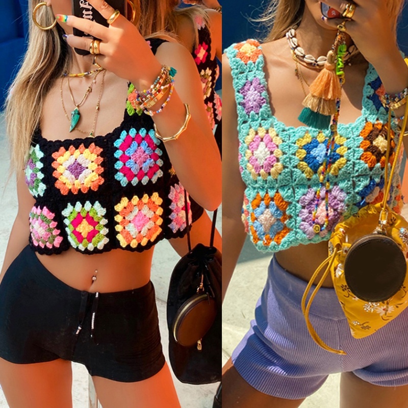 Áo Croptop Dệt Kim Hai Dây Họa Tiết Hoa Nhiều Màu Sắc Thời Trang Đi Biển Cho Nữ