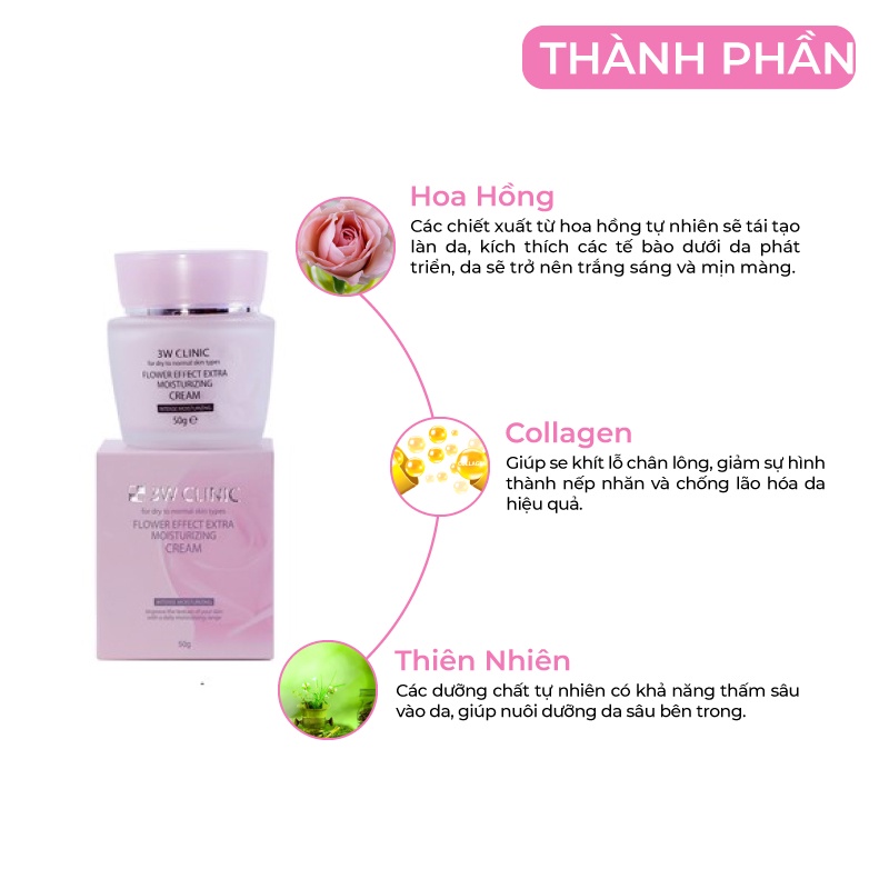 Kem dưỡng ẩm dưỡng trắng da chiết xuất từ Hoa Hồng 3W Clinic Hàn Quốc 50ml