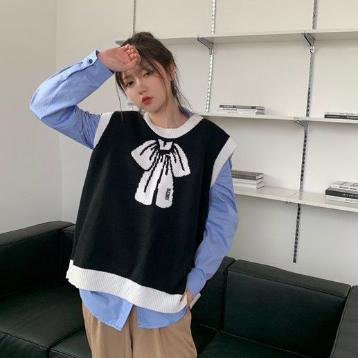 Set Áo Sơ Mi Tay Dài Và Áo Len Không Tay Cổ Chữ V Form Rộng Màu Sắc Thời Trang Hàn Quốc Cho Nữ