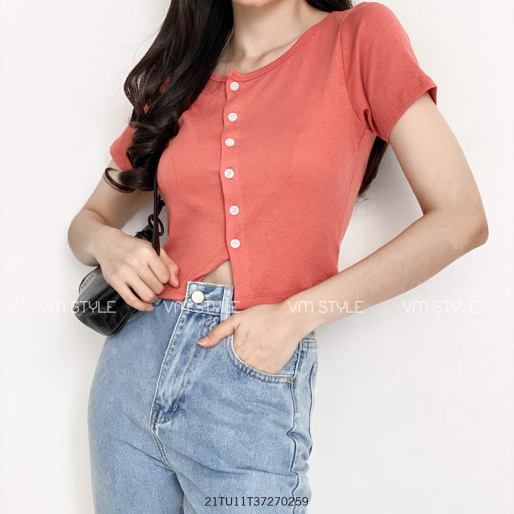 Áo thun tay ngắn crop VM STYLE gài nút chéo ulzzang thời trang nữ 21TU11T372702