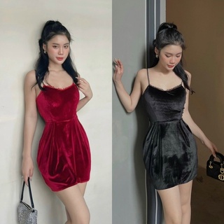 Đầm váy nhung đen đỏ ngắn ôm body 2 dây đính cườm, thời trang nữ đơn giản sang trọng quý phái quyến rũ đi chơi dự tiệc