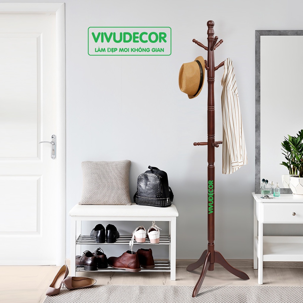 Cây Treo Quần Áo Vivudecor 100% Gỗ Tự Nhiên, Cây Treo Đồ GH 9 Nhánh Lắp Ráp Xuất Khẩu Hàn Quốc.