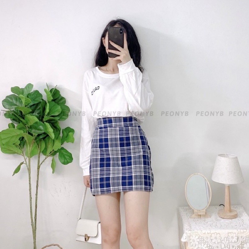 [Rẻ Vô Địch]Set Chân Váy Kẻ Caro Mix Kèm Áo Thun Dài Tay Bồng In Chữ Nhỏ Ulzzang( Có Sẵn, Ảnh Thật) | BigBuy360 - bigbuy360.vn