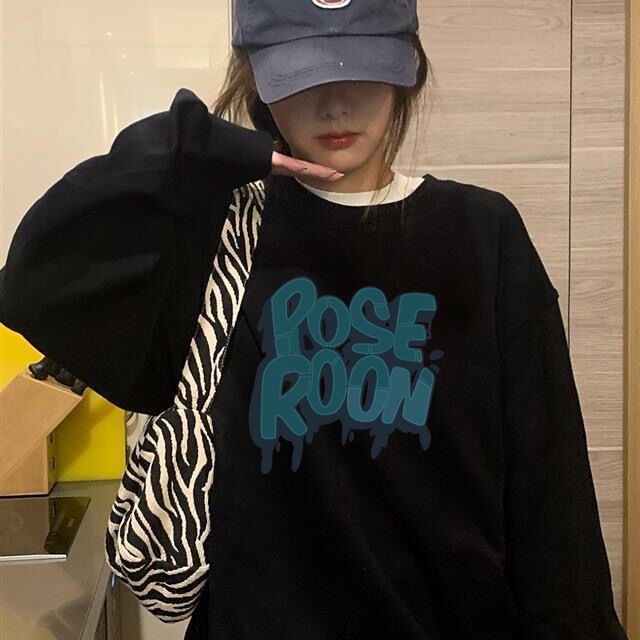 Áo Sweater Cotton Mỏng Cổ Tròn Dáng Rộng Màu Đen Thời Trang Hàn Quốc 2022 Cho Nữ