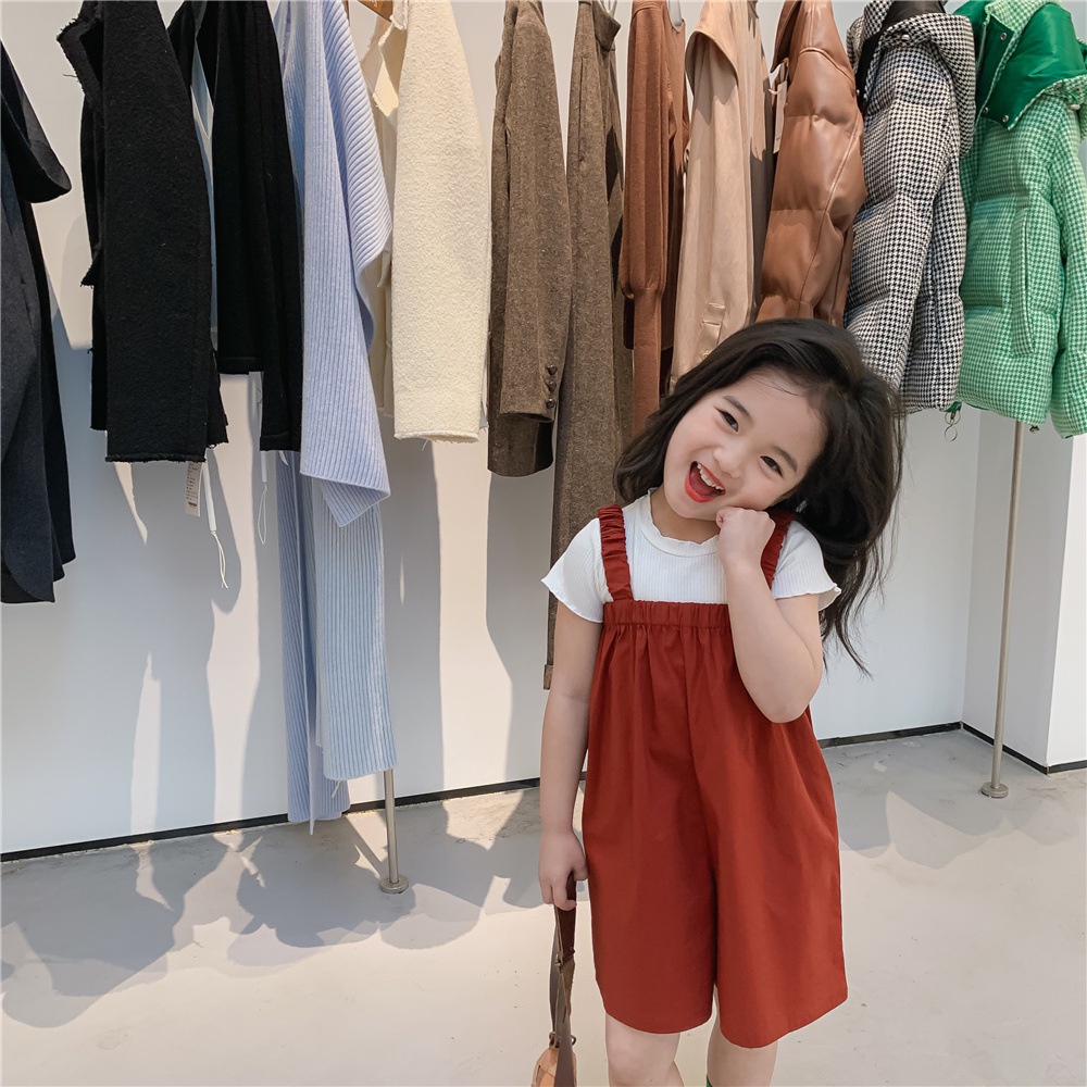 Set Áo Thun Ngắn Tay Cổ Tròn + Quần Yếm Phong Cách Hàn Quốc Cho Bé Gái