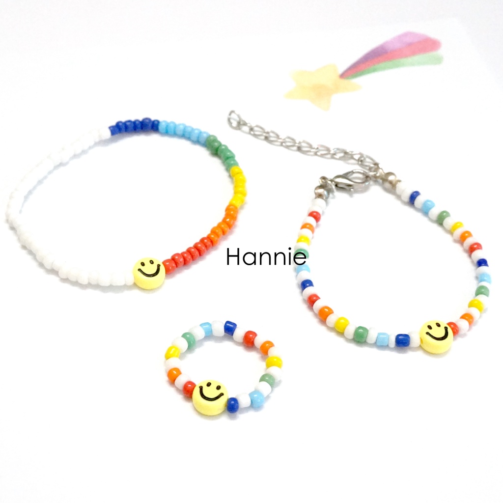 Set hạt cườm nhựa trắng cầu vồng rainbow mặt cười smile handmade - Combo vòng tay nhẫn dành cho nam nữ đơn giản
