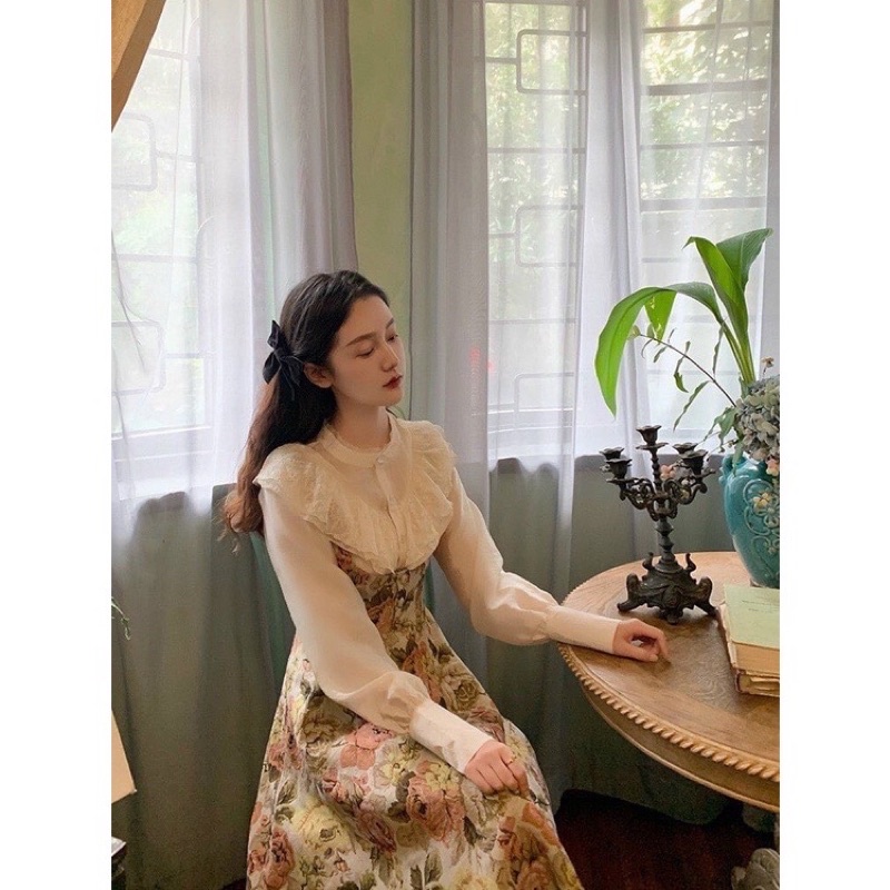 Set váy vintage dáng dài Miahouse đầm công chúa kết hợp áo sơ mi ren nữ Retro Pháp