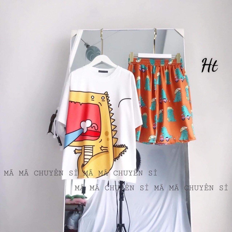 [Mã FAMARAL1 giảm 10K đơn 50K] set áo thun khủng long vàng + quần sooc cam in khủng long xanh