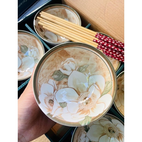 Set bát hoa trà trắng