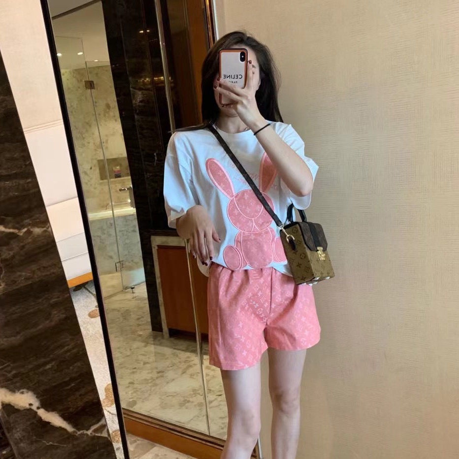 Set áo thun ngắn tay + quần short lưng thun ống rộng thời trang mùa hè Hàn Quốc có lẻ áo