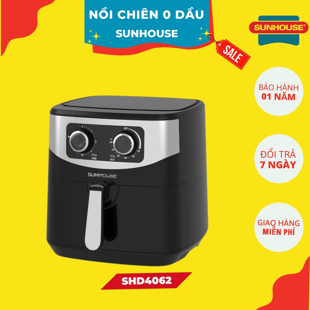 Nồi chiên không dầu SUNHOUSE 6L SHD4062, Chống dính Whitford, Tự ngắt khi quá tải nhiệt an toàn sử dụng