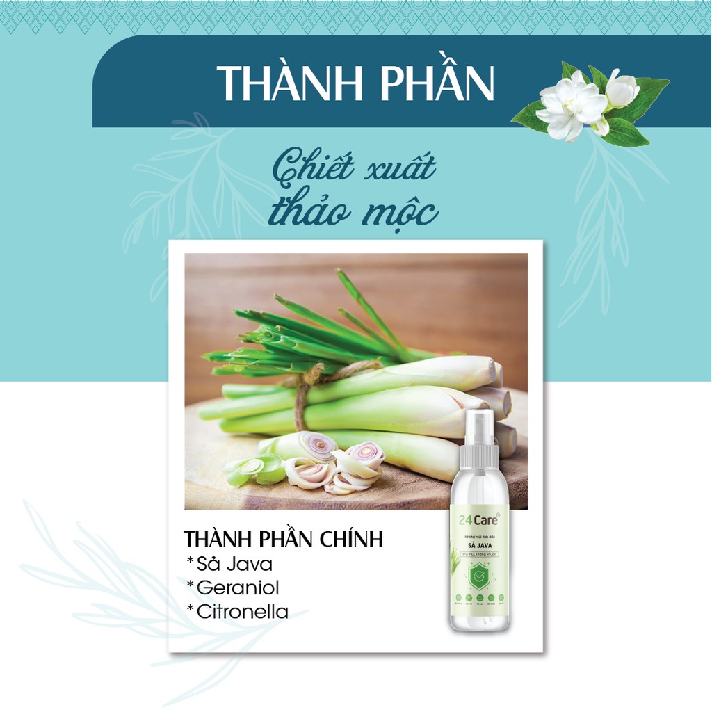 Xịt Phòng Tinh Dầu Sả JaVa Hữu Cơ Organic 24Care 50ml - Kháng khuẩn - Khử mùi hôi - Đuổi muỗi, kiến ba khoang, côn trùng