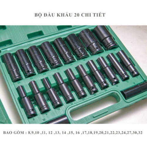 Bộ Khẩu dài 20 Món dùng cho máy siết bulong 8-32 - hàng cao cấp chống han rỉ chống vỡ Hàng Cao Cấp