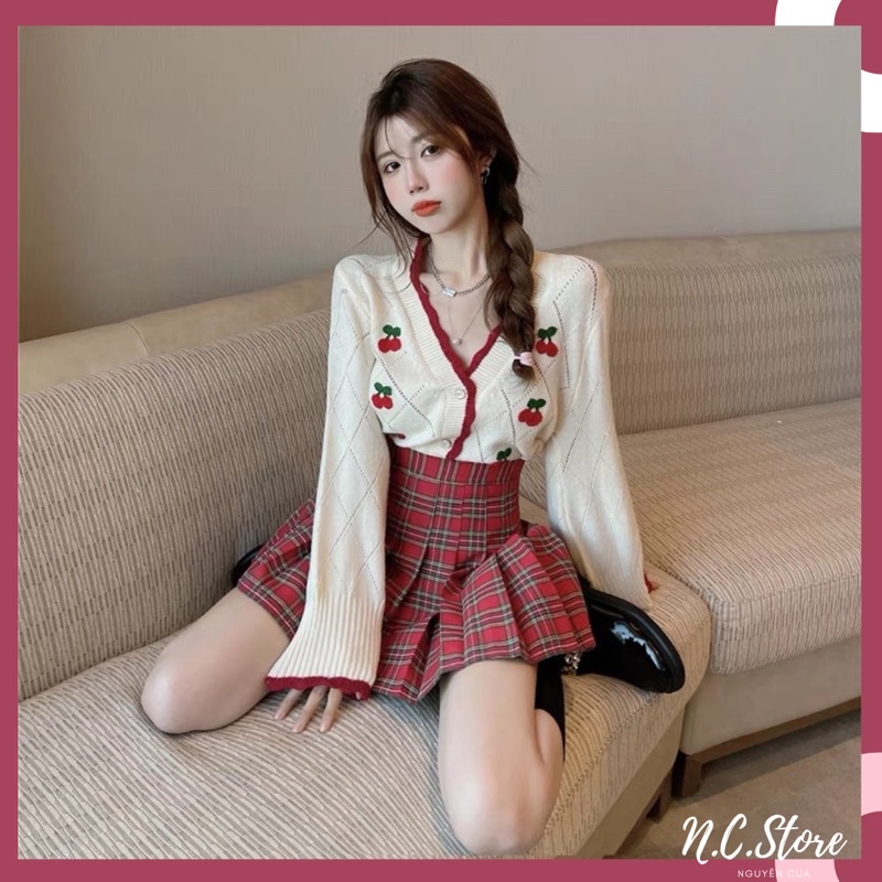 Set Áo Len Lông Cừu Siêu Mịn Thêu Cherry Nổi Tay Bom +Cv Tennis