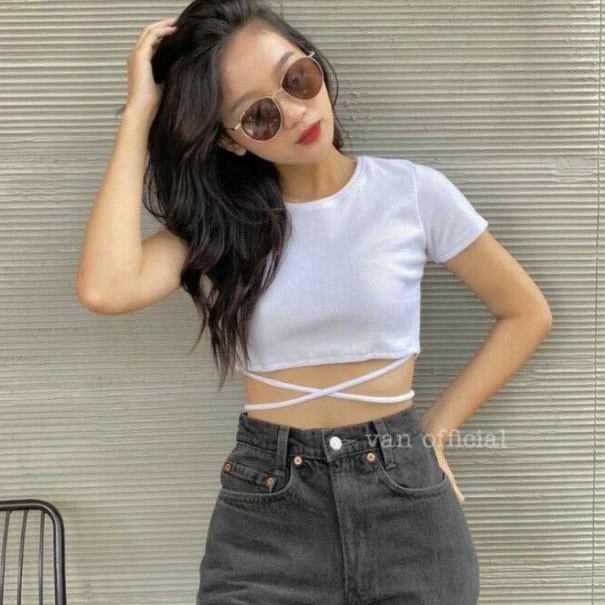 Áo Croptop tay ngắn đan dây chéo borip co dãn