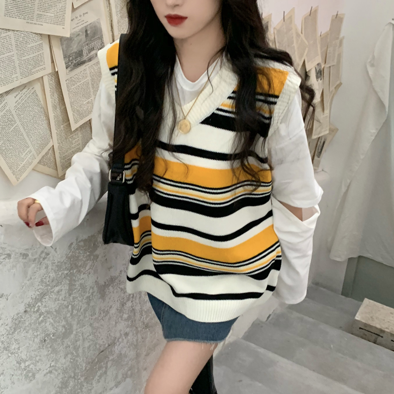 37409 Áo Sát Nách Dệt Kim Cổ Chữ V Dáng Rộng Phối Màu Tương Phản Thời Trang